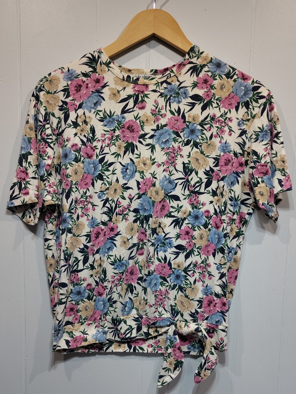 VTG Vicki Wayne Floral Short Sleeve Knit Top L Large Tie Waist Cottagecore 80s